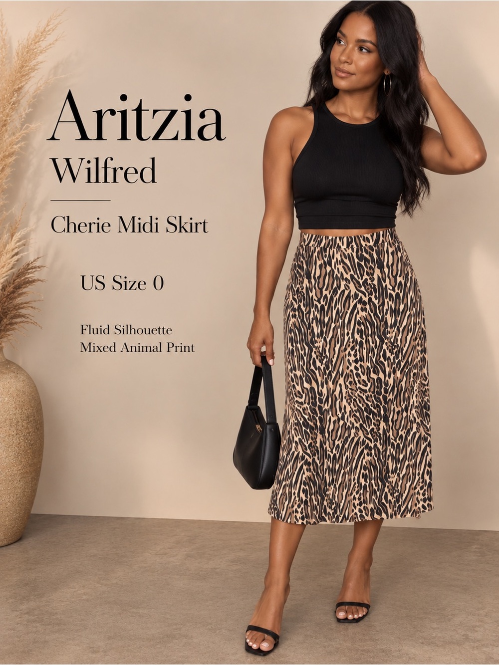 Aritzia Wilfred Cherie Midi Skirt Brown Black Animal Print Size 0